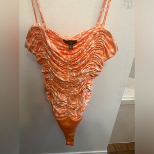 AFRM Orange and Cream Ruched Bodysuit
